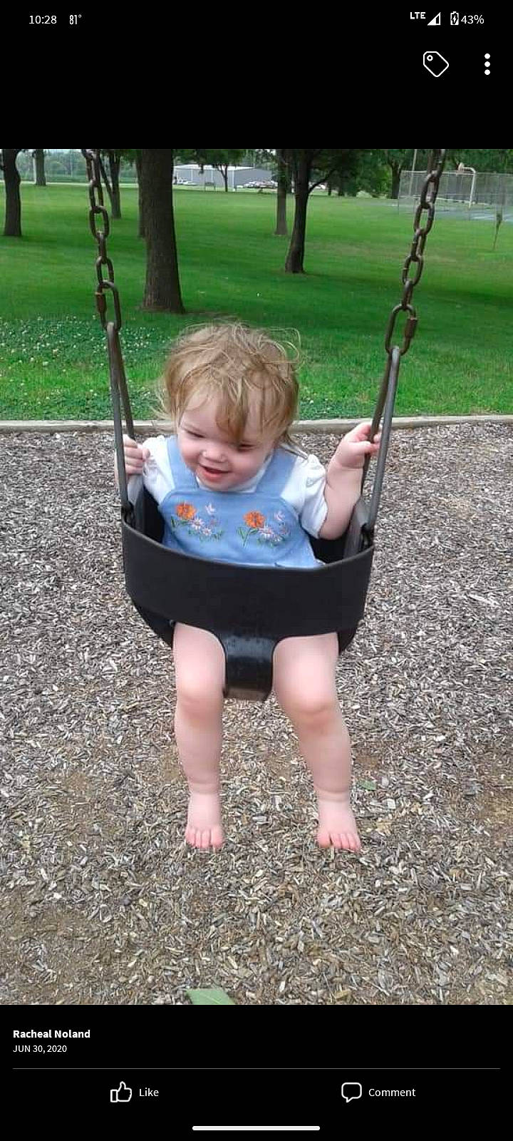 Nevaeh joined the competition — help win amazing prizes! baby, baby_toddler_clothing, barefoot, child, city, fun, grass, green, head, leisure, mammal, person, plant, play, playground, product, recreation, sitting, swing, toddler