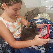 Mako is registered to the contest to win money with this photo: girl, child, cat, pet, gaming_device, blanket, couch, indoor, smiling, playing, casual_clothing, floral_pattern, gray_cat, lap, relaxed, home, technology, comfort, happy, cozy