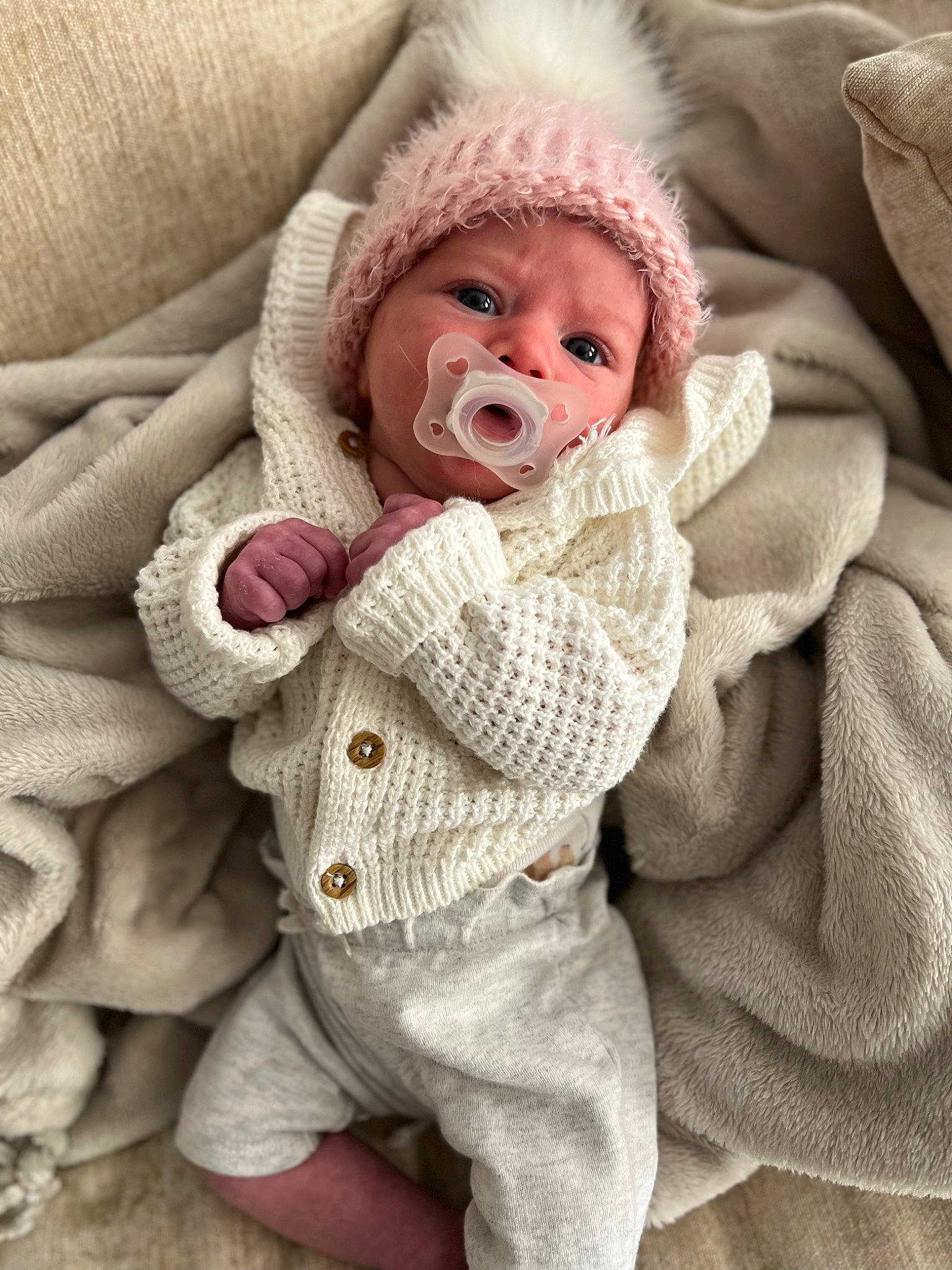Fiona is registered to the contest to win money with this photo: baby, baby_products, baby_safety, baby_sleeping, baby_toddler_clothing, cheek, collar, comfort, eye, face, gesture, head, headgear, headwear, linens, lip, mouth, nose, person, skin