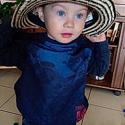 Leo participe au concours pour gagner de l'argent avec cette photo : blue_eyes, bottle_caps, child, cute, drawer, hands_up, hat, home_interior, indoor, jeans, looking_up, plant, playful, portrait, straw_hat, sweater, tiled_floor, toddler, toy, wooden_cabinet
