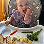 Ella is registered to the contest to win money with this photo: toddler, child, high_chair, carrot, food, plate, potatoes, asparagus, broccolini, meat, purple_sweater, meal, indoor, kitchen, eating, happy, face, hand, wooden_chair, star_pattern