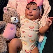 Ailany joined the competition — help win amazing prizes! baby, infant, child, portrait, smiling, bow, pink_bow, teddy_bear, stuffed_animal, blanket, onesie, rainbow_pattern, lying_down, indoors, cozy, happy, face, hands, feet, colorful