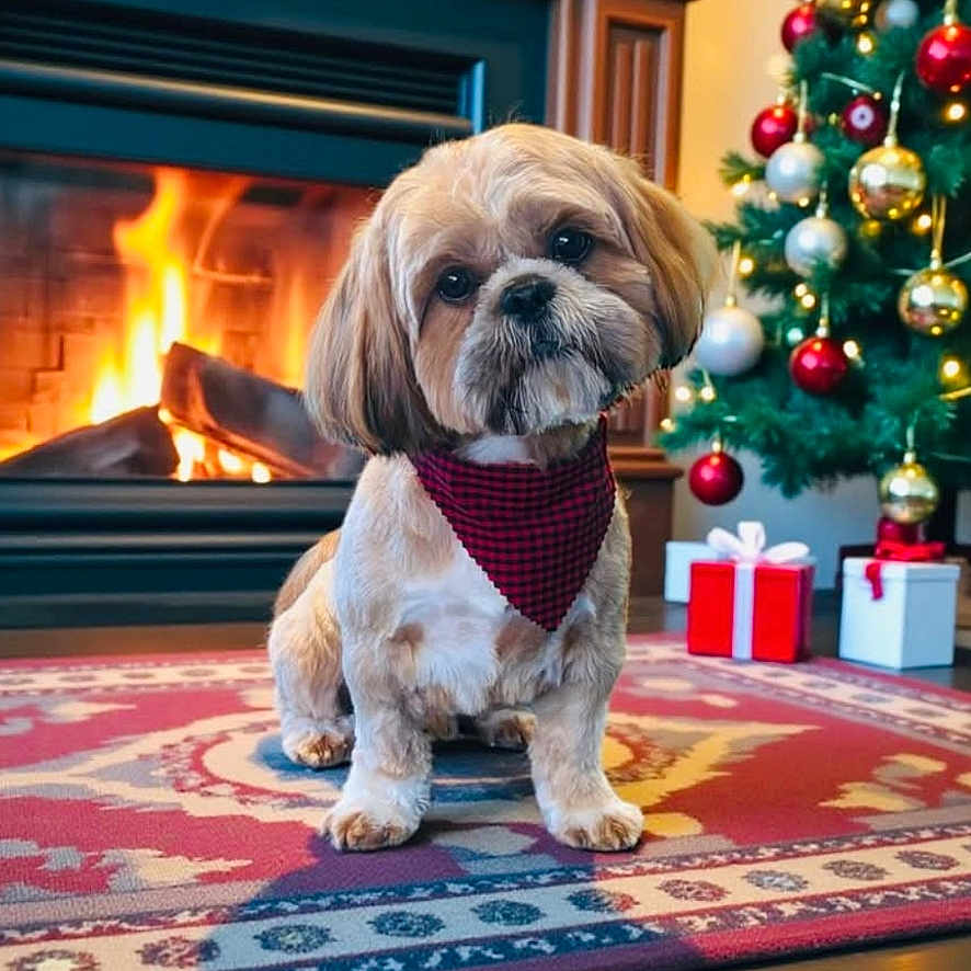 Prince Arlo is registered to the contest to win money with this photo: bandana, christmas_ornaments, christmas_tree, cozy, cute, decorations, dog, festive, fire, fireplace, holiday, indoor, living_room, pet, portrait, presents, rug, small_dog, warmth, wood_floor