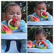 Koa joined the competition — help win amazing prizes! baby, child, infant, high_chair, teething_toy, rattle, toy, chewing, sitting, outdoor, garden, trees, portrait, collage, close_up, blue_clothing, patterned_clothing, hands, happy, daylight