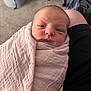 Evelynn joined the competition — help win amazing prizes! newborn, baby, blanket, wrapped, face, person, infant, soft, pink, cozy, home, carpet, lap, resting, curious, closeup, human, skin, indoors, comfort