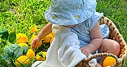Melany joined the competition — help win amazing prizes! baby, child, basket, grass, lemons, hat, blanket, outdoor, nature, greenery, cute, infant, summer, sunlight, playing, fruit, soft_toy, curious, sitting, casual_clothing