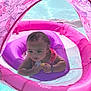 baby, infant, pool, water, float, inflatable, pink, purple, canopy, sunlight, outdoor, summer, child, toy, swimming, fun, cute, relaxing, playful, floating