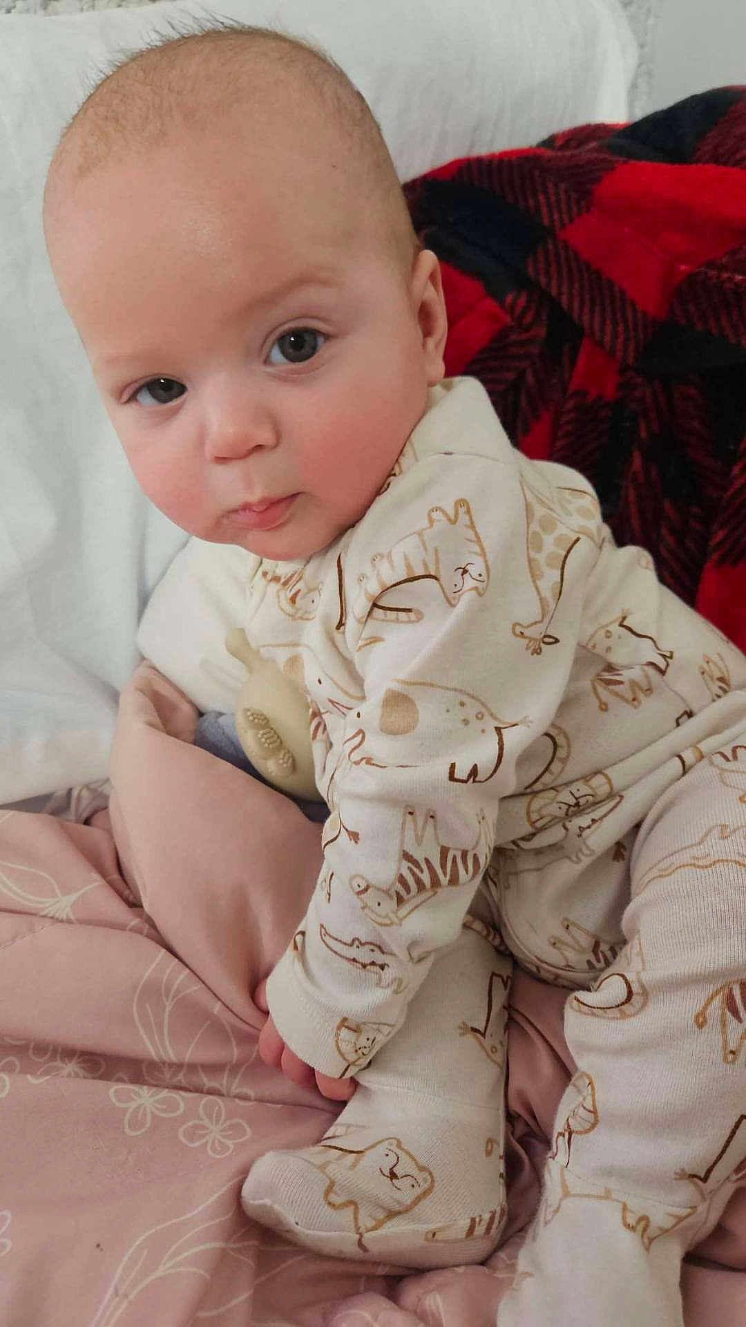Kato joined the competition — help win amazing prizes! baby, infant, child, face, eyes, cheeks, onesie, animal_print, blanket, bedding, pillow, plaid, cozy, sitting, hand, foot, sock, skin, portrait, nursery