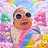 Jodie participe au concours pour gagner de l'argent avec cette photo : baby, sunglasses, smiling, care_bears, rainbow, clouds, colorful, cute, plush_toys, happy, child, portrait, fun, playful, stars, toy, fantasy, soft, joyful, vibrant