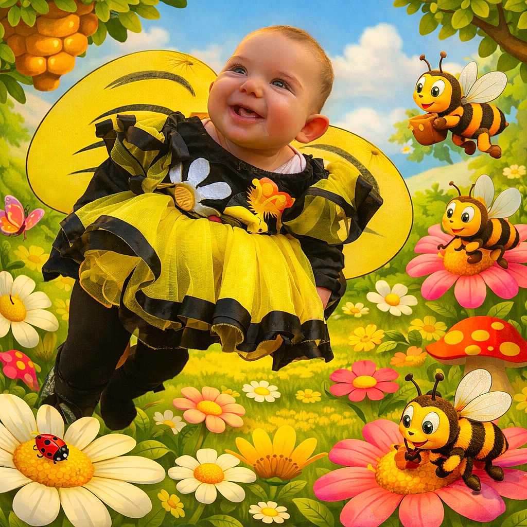 Jodie participe au concours pour gagner de l'argent avec cette photo : baby, child, costume, bumblebee, yellow, tutu, wings, smile, happy, face, flowers, cartoon, background, garden, nature, insects, bees, playful, cute, outdoor