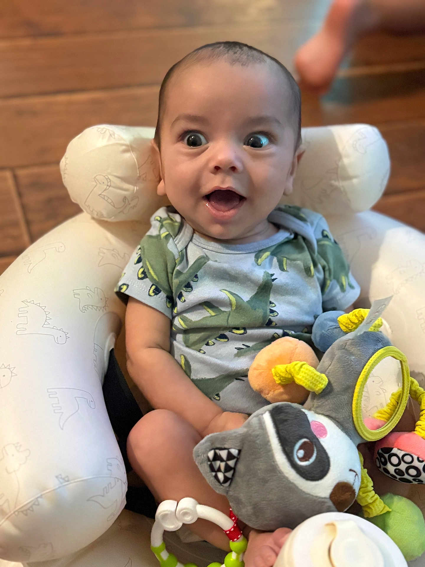 Wyatt joined the competition — help win amazing prizes! baby, child, infant, dinosaur_onesie, plush_toy, rattle, cushioned_seat, wooden_floor, expression, wide_eyes, smile, sitting, cute, indoors, foot, hand, clothing, toy, face, person