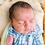 Wyatt is registered to the contest to win money with this photo: baby, newborn, sleeping, basket, blanket, blue_shirt, infant, peaceful, close_up, soft_light, cute, portrait, child, cozy, resting, indoors, young, face, fingers, skin
