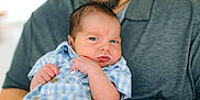 Wyatt joined the competition — help win amazing prizes! baby, infant, child, person, adult, holding, shirt, blue_shirt, checkered, portrait, face, expression, indoor, closeup, hands, caucasian, newborn, curious, serious, family