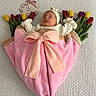 baby, infant, sleeping, blanket, pink_bow, tulips, flowers, headband, sign, 2_months, cozy, portrait, cute, child, soft_texture, knitwear, peaceful, wrapped, flower_arrangement, lying_down