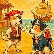 Milo Et Chico a rejoint le concours — aidez-le/la à gagner de superbes lots ! dog, pirate, costume, parrot, beach, ship, ocean, sky, clouds, sand, pirate_hat, bandana, eyepatch, vest, jacket, wooden_hut, smiling, adventure, cartoon, illustration
