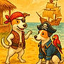 dog, pirate, costume, parrot, beach, ship, ocean, sky, clouds, sand, pirate_hat, bandana, eyepatch, vest, jacket, wooden_hut, smiling, adventure, cartoon, illustration