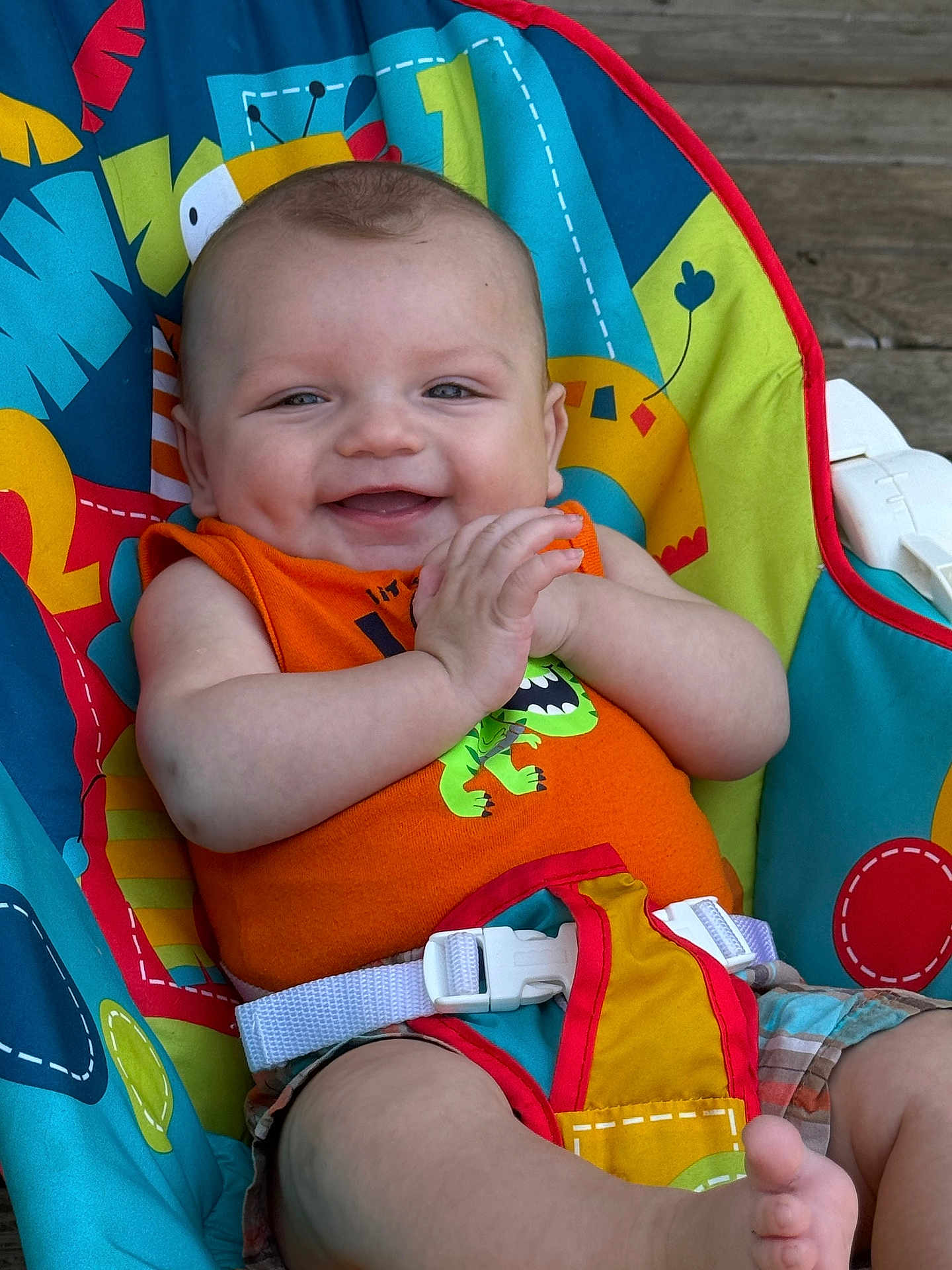 Brady is registered to the contest to win money with this photo: baby, infant, child, smile, smiling, baby_seat, colorful, orange_shirt, dinosaur_print, safety_buckle, hands, feet, portrait, outdoor, wooden_background, happy, cheerful, seat_cover, close_up, chubby_cheeks