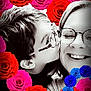 adult, affection, black_and_white, cheek, child, close_up, colorful_flowers, digital_art, eyewear, face, family, flower_overlay, glasses, happy, kiss, love, people, portrait, roses, smile