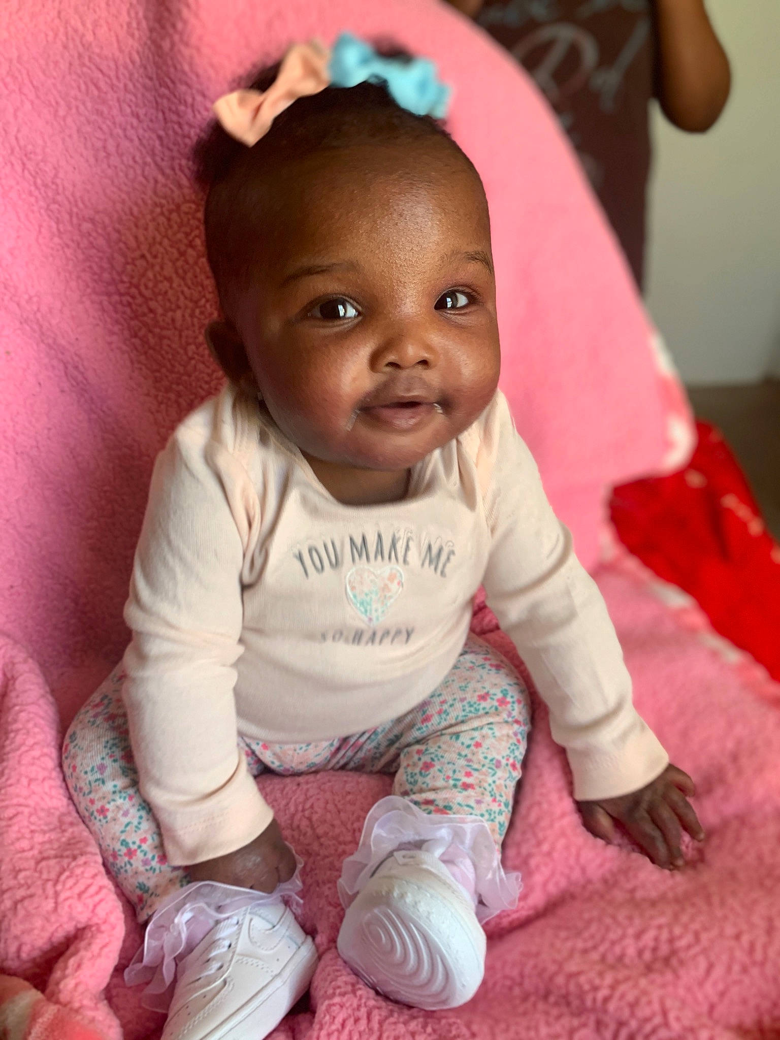 Ka'Miya is registered to the contest to win money with this photo: baby, baby_products, baby_toddler_clothing, cheek, child, comfort, foot, linens, nose, person, pink, skin, sock, toddler