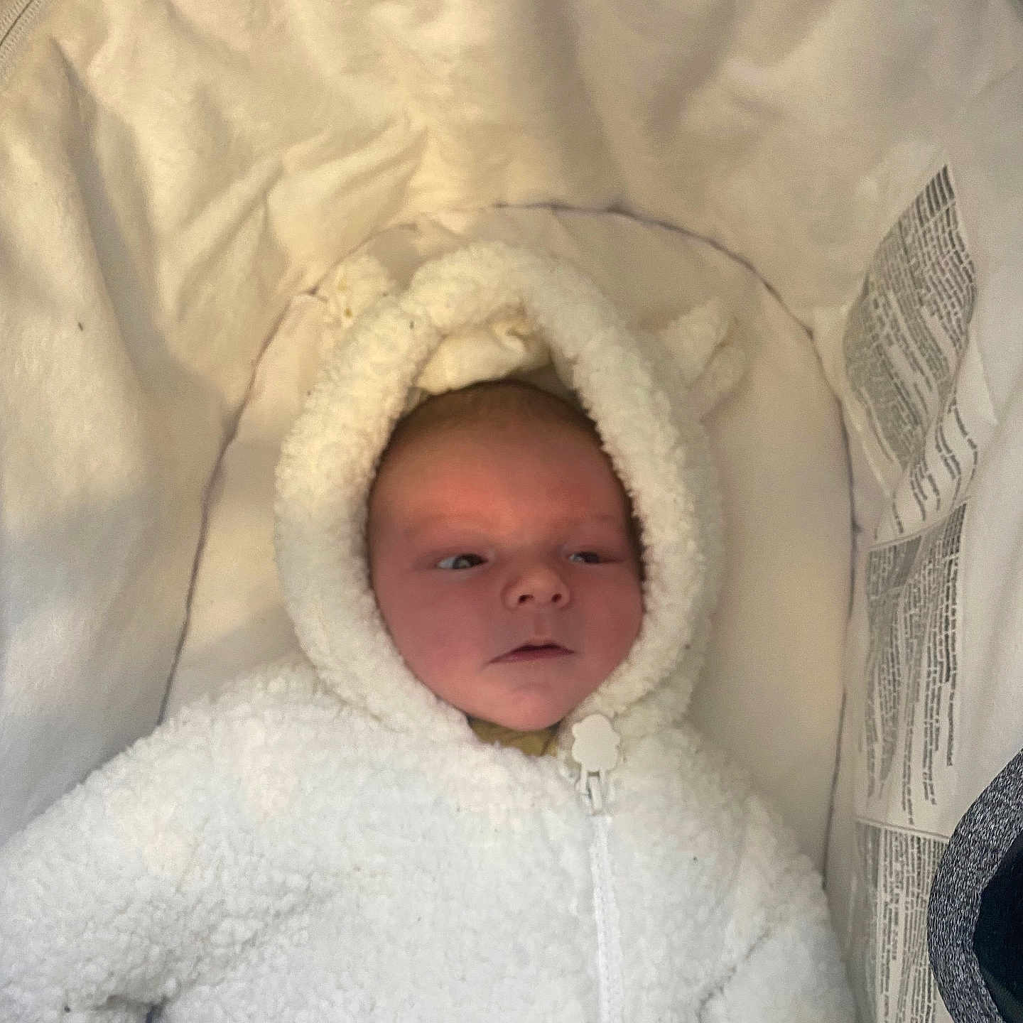 Hudson is registered to the contest to win money with this photo: baby, bed, blanket, bonnet, clothing, cradle, crib, face, furniture, hat, head, hood, hoodie, infantbed, knitwear, newborn, person, photography, portrait, sweater