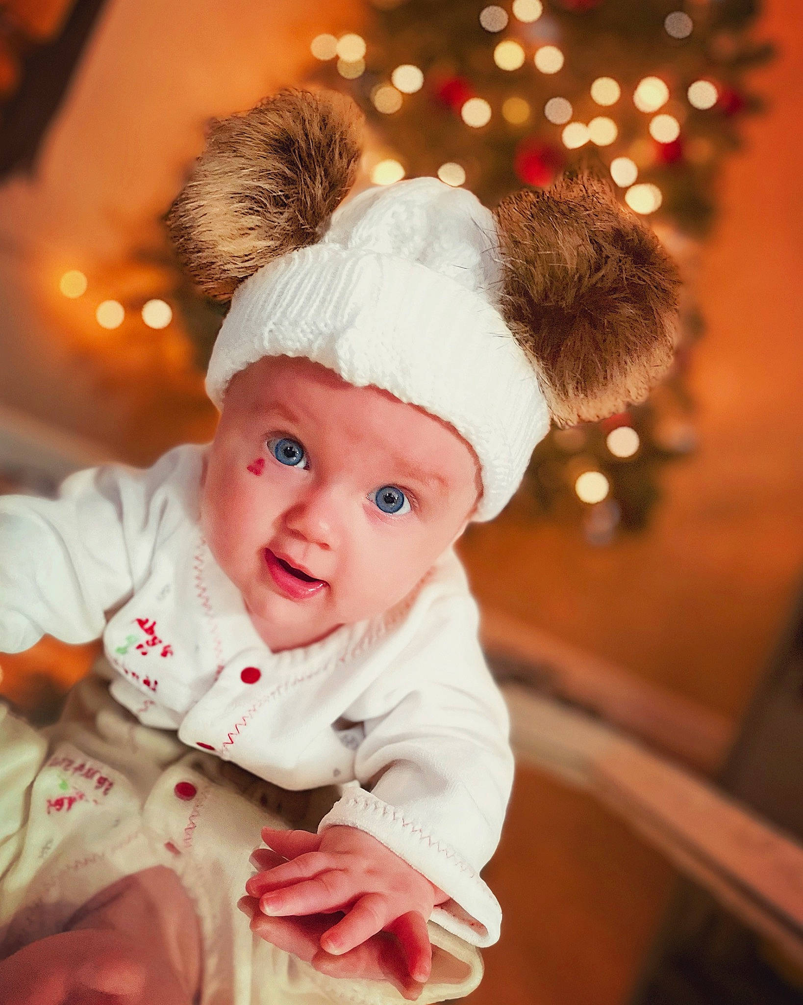 Harper joined the competition — help win amazing prizes! baby, baby_toddler_clothing, cheek, christmas, christmas_decoration, christmas_eve, costume_hat, dress, ear, event, flash_photography, fun, fur, happy, hat, headgear, headwear, holiday, light, person