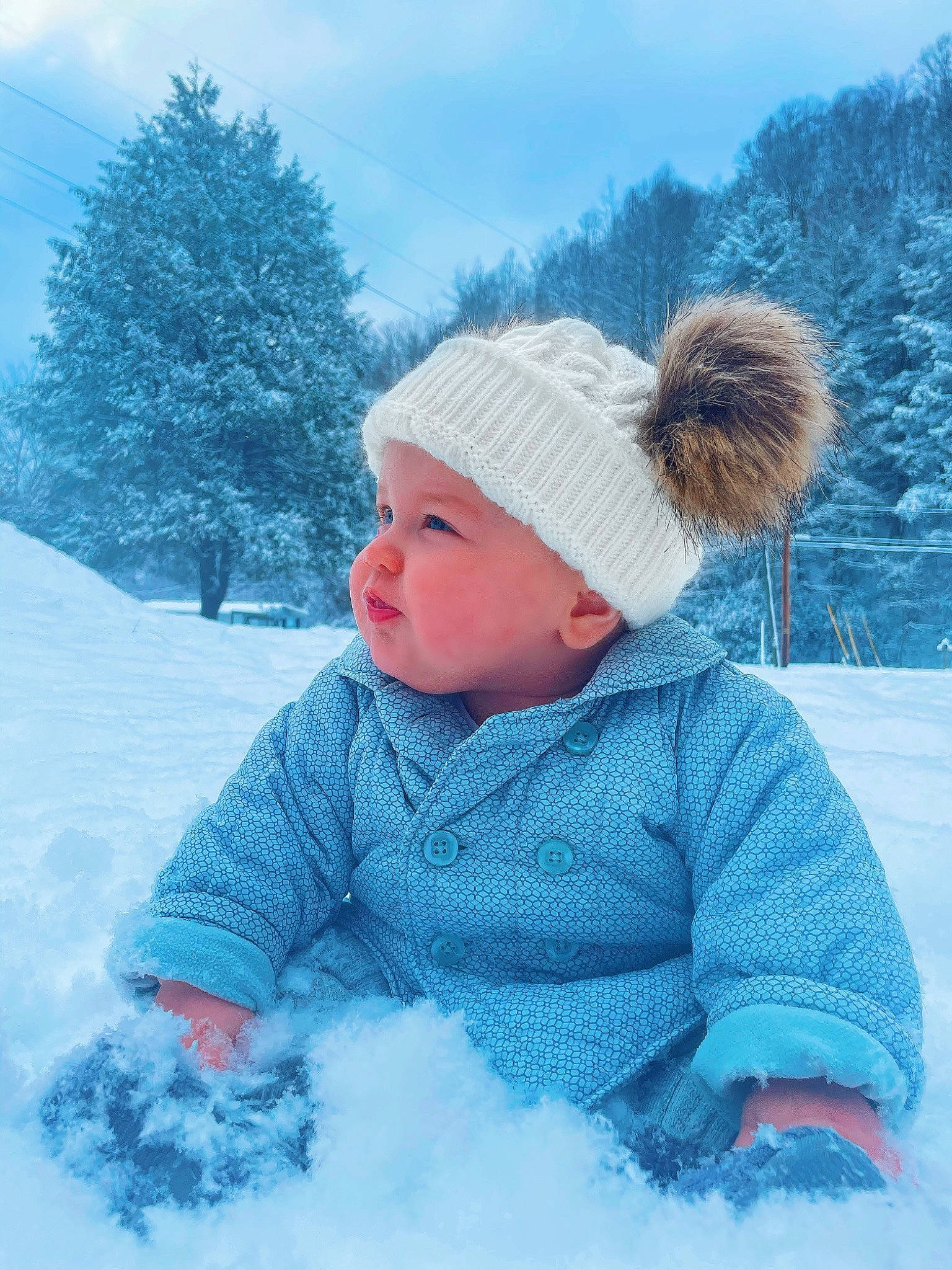 Harper joined the competition — help win amazing prizes! azure, baby, baby_toddler_clothing, cap, cloud, electric_blue, face, freezing, grass, happy, headgear, headwear, knit_cap, leisure, outerwear, person, recreation, sky, snow, toddler
