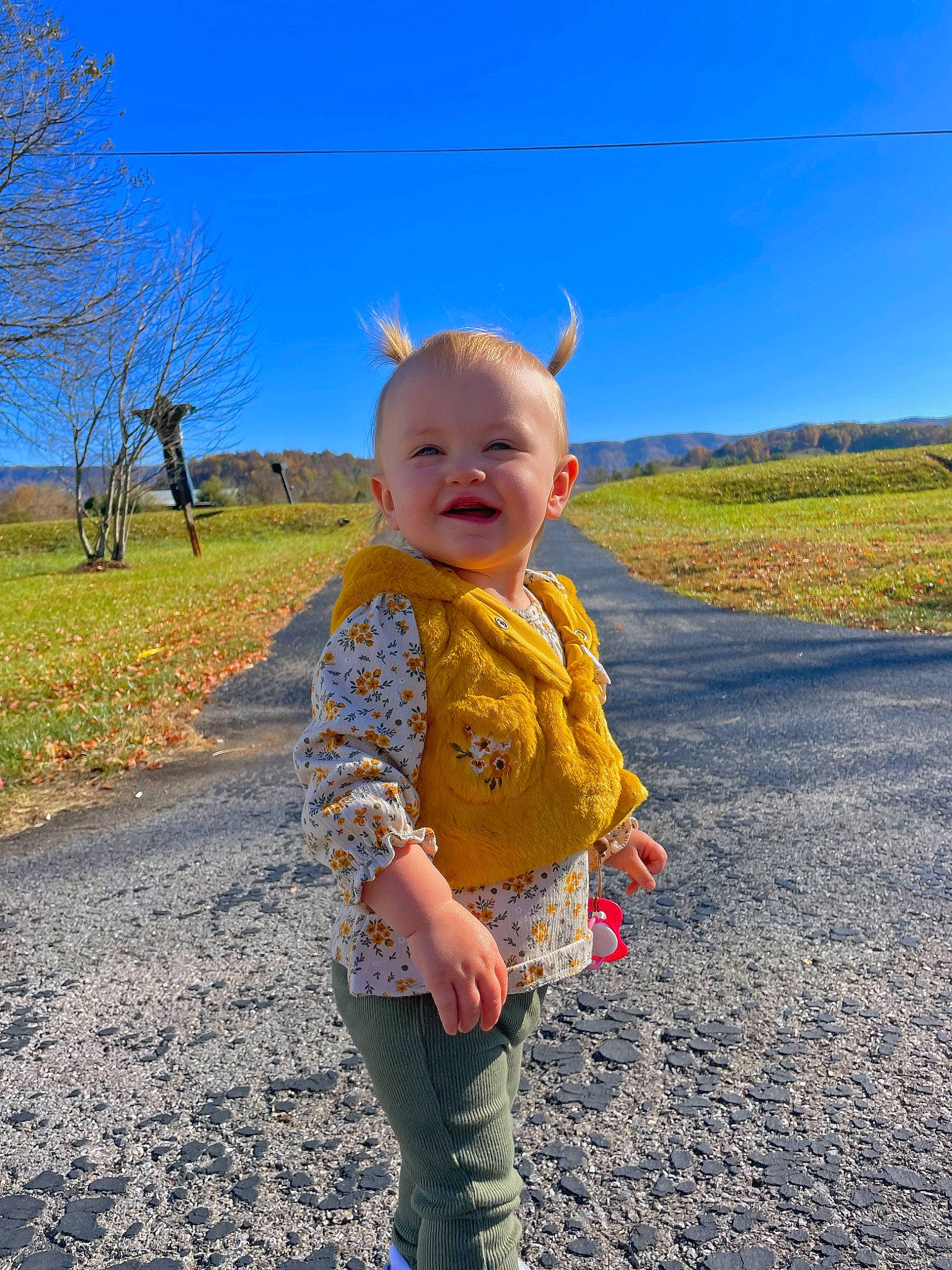 Harper is registered to the contest to win money with this photo: asphalt, baby, baby_toddler_clothing, child, eye, face, grass, grassland, happy, landscape, leisure, people_in_nature, person, plant, sky, smile, soil, standing, sunlight, toddler
