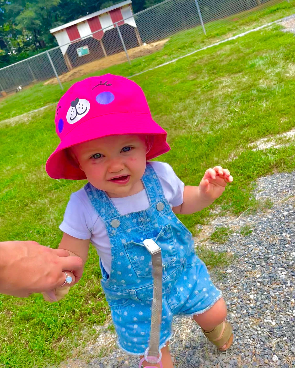 Harper joined the competition — help win amazing prizes! baby_toddler_clothing, baseball_cap, cap, fun, grass, happy, headgear, headwear, leaf, leisure, mammal, people, people_in_nature, person, photograph, pink, plant, recreation, summer, toddler
