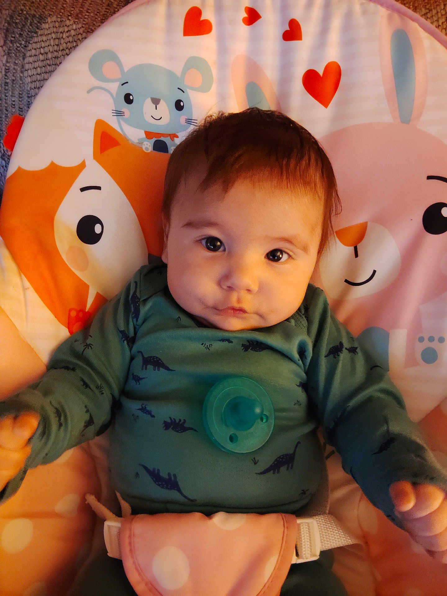 Darian Wayne joined the competition — help win amazing prizes! baby, infant, child, green_clothing, pacifier, dinosaur_print, cushion, animal_pattern, cartoon_animals, hearts, face, portrait, indoor, cute, childcare, baby_seat, pink, orange, soft_texture, smiling