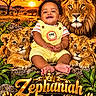 Zephaniah is registered to the contest to win money with this photo: baby, child, lion, lion_cub, wildlife, safari, sunset, outdoor, jungle, savanna, portrait, smiling, sitting, yellow_overalls, curly_hair, animal, nature, fantasy, decorative_text, name_banner