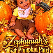 Zephaniah joined the competition — help win amazing prizes! baby, child, infant, smiling, portrait, pumpkins, pumpkin_patch, autumn, fall, hay, leaves, orange, costume, bib, yellow_shirt, brown_shorts, sitting, outdoor, decorative_lighting, text_overlay