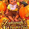 baby, child, infant, smiling, portrait, pumpkins, pumpkin_patch, autumn, fall, hay, leaves, orange, costume, bib, yellow_shirt, brown_shorts, sitting, outdoor, decorative_lighting, text_overlay