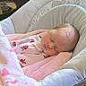 baby, baby_seat, blanket, child, clothing, comfort, cozy, cute, indoor, infant, newborn, nursery, peaceful, pink, portrait, resting, sleeping, soft_toys, star_mobile, wooden_floor