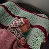 afghan, baby, bedroom, blanket, child, cozy, crochet, cute, indoor, infant, leopard_print, magenta, mint, onesie, pacifier, peaceful, pink, resting, sleeping, soft