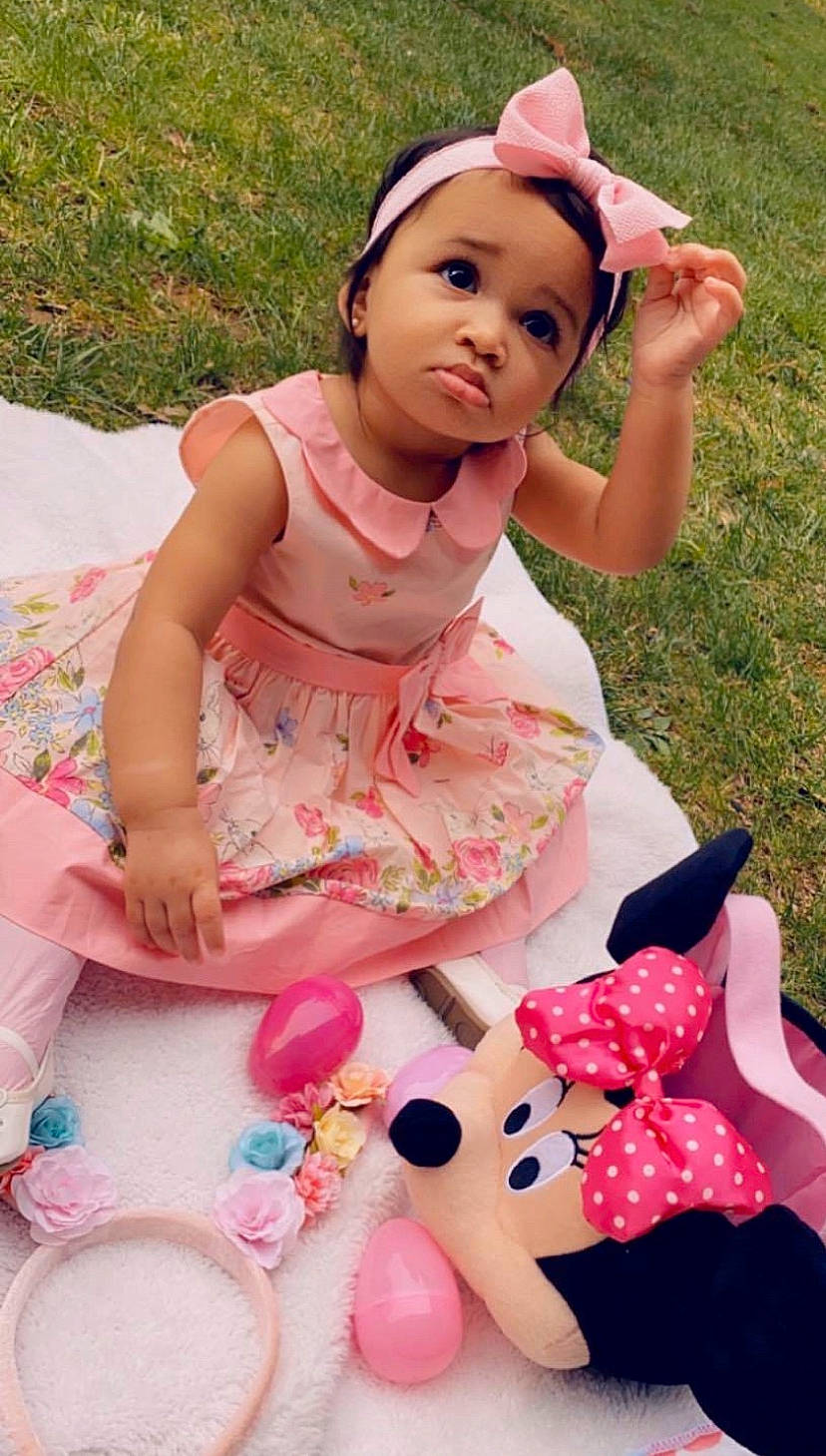 Amayah joined the competition — help win amazing prizes! baby, baby_toddler_clothing, child, child_model, costume, design, hair_accessory, headband, pattern, person, pink, play, toddler