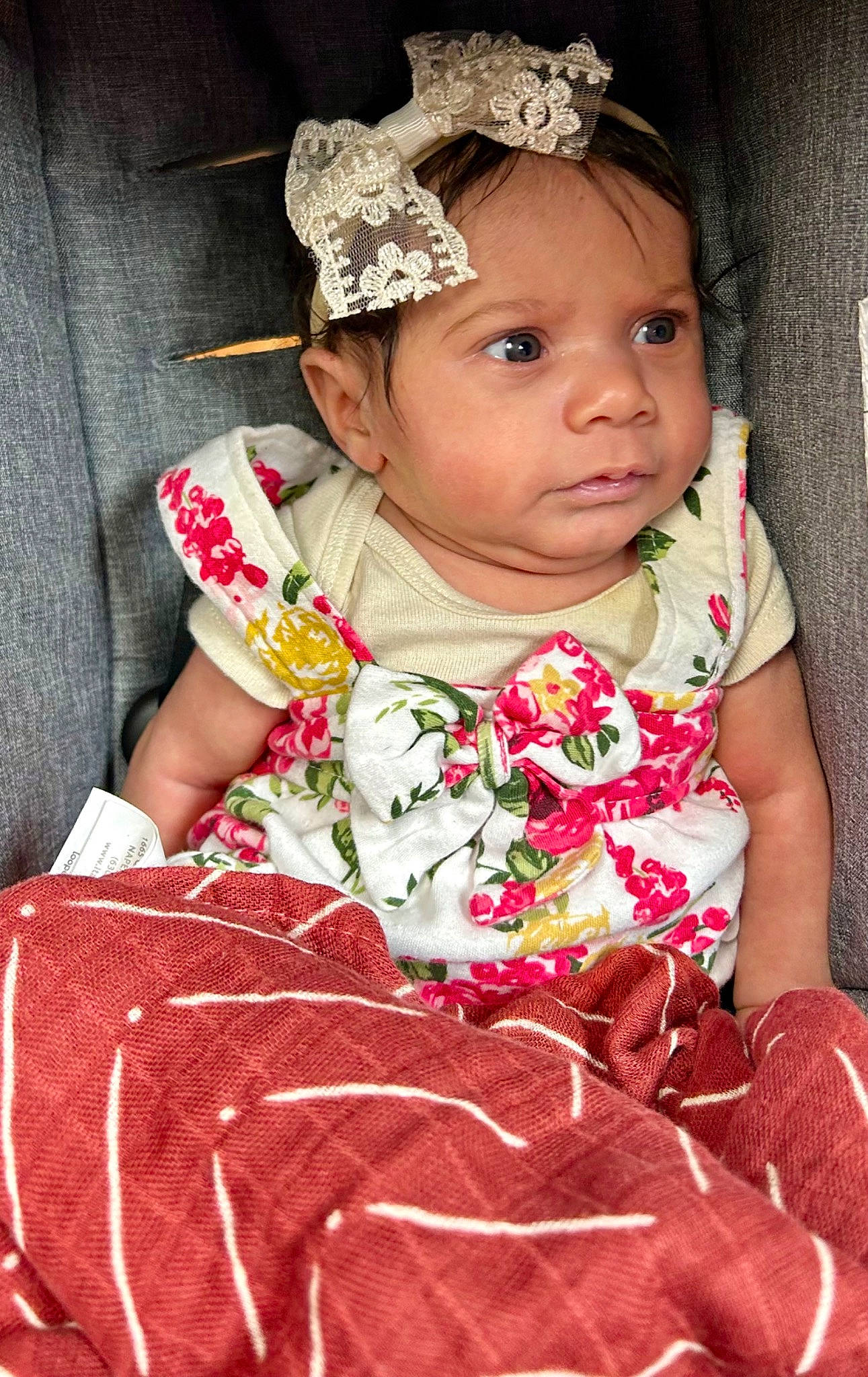 Amirah is registered to the contest to win money with this photo: baby, baby_toddler_clothing, cheek, child, chin, dress, embellishment, event, eyelash, happy, headband, headwear, jewellery, lip, pattern, person, pink, skin, sleeve, textile