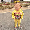 Hadley joined the competition — help win amazing prizes! casual_wear, child, daytime, expression, grass, hair_bows, hoodie, houses, leggings, leopard_print, outdoor, person, residential_area, shoes, sidewalk, standing, street, toddler, yellow_clothing, young_child