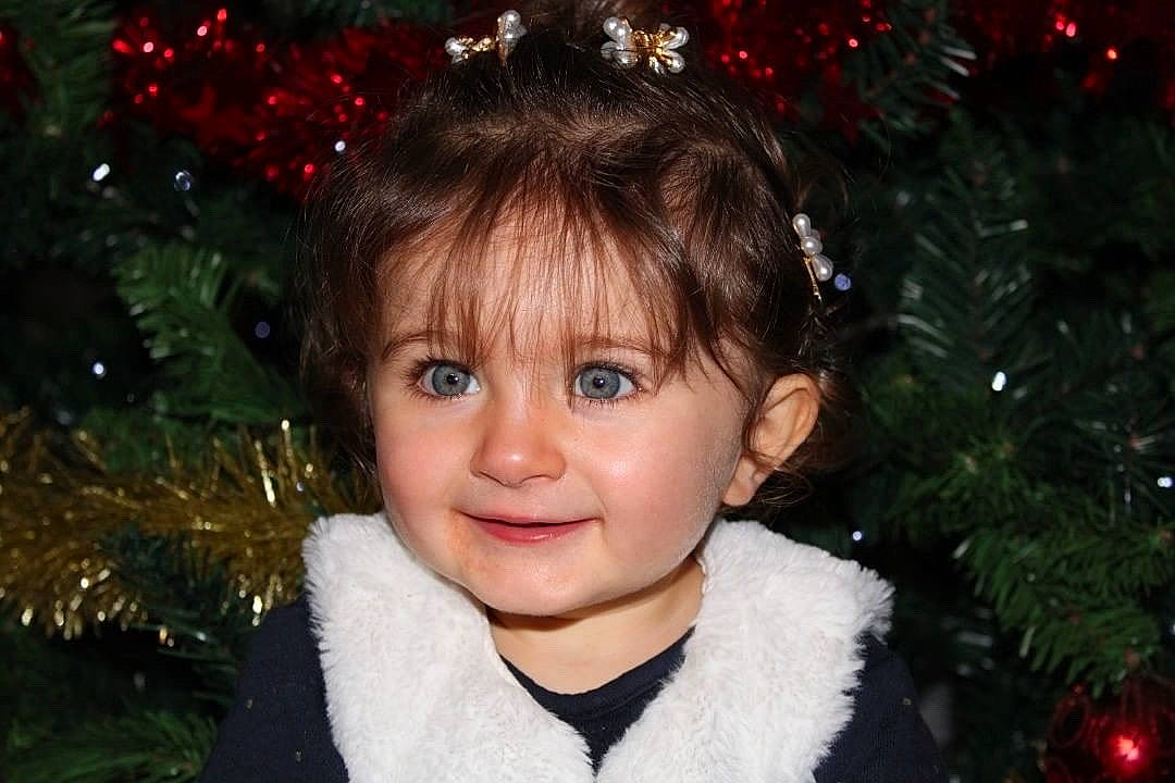 éloïse participe au concours pour gagner de l'argent avec cette photo : branch, cheek, chin, christmas_ornament, christmas_tree, clothing, eye, face, facial_expression, hair, happy, head, holiday_ornament, iris, joy, organ, outerwear, person, plant, smile