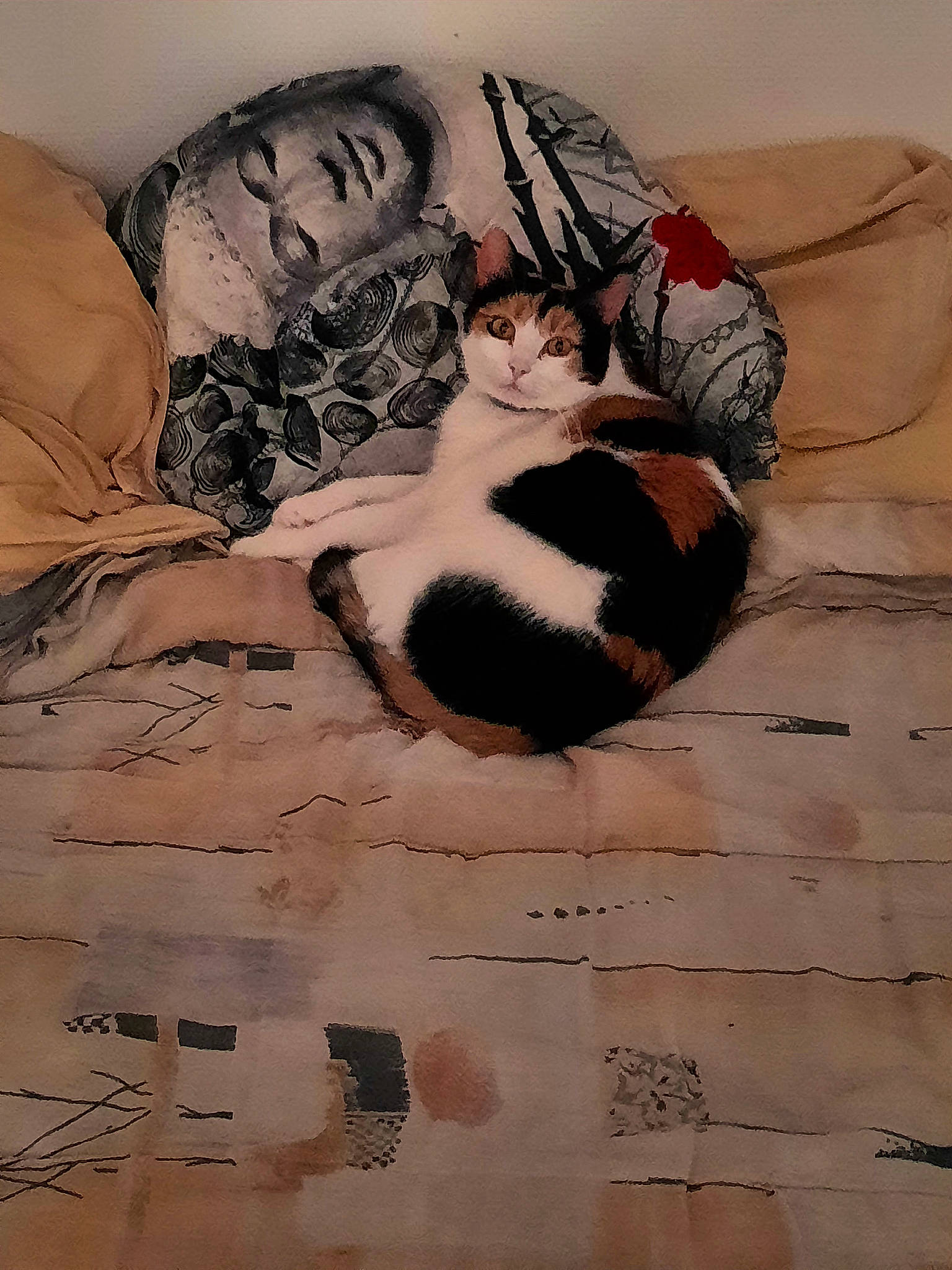 Lorette participe au concours pour gagner de l'argent avec cette photo : art, bedding, carnivore, cat, comfort, domestic_short_haired_cat, felidae, flooring, formal_wear, fur, illustration, linens, pattern, sitting, small_to_medium_sized_cats, snout, tail, visual_arts, whiskers, wood