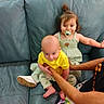 Legynd is registered to the contest to win money with this photo: children, baby, toddler, infant, couch, indoor, portrait, pacifier, yellow_shirt, green_dress, smiling, sitting, family, adult, arm, leather_couch, living_room, furniture, barefoot, candid