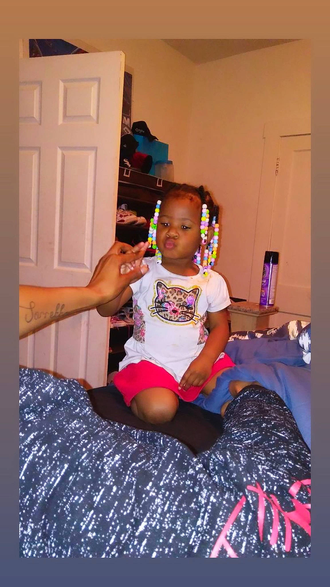 Lamyra joined the competition — help win amazing prizes! baby, baby_toddler_clothing, child, door, event, face, flooring, fun, happy, human_leg, leisure, living_room, magenta, party, person, purple, shorts, sock, t_shirt, thigh