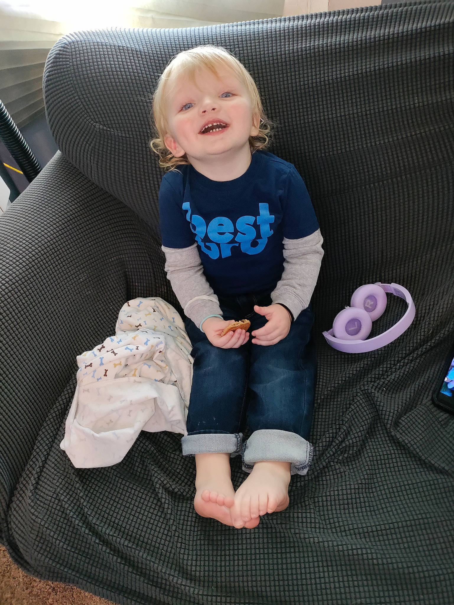 Daxtin joined the competition — help win amazing prizes! baby, baby_toddler_clothing, car_seat, child, comfort, electric_blue, face, human_leg, knee, lap, linens, pattern, person, shorts, sitting, sleeve, smile, sock, t_shirt, thigh