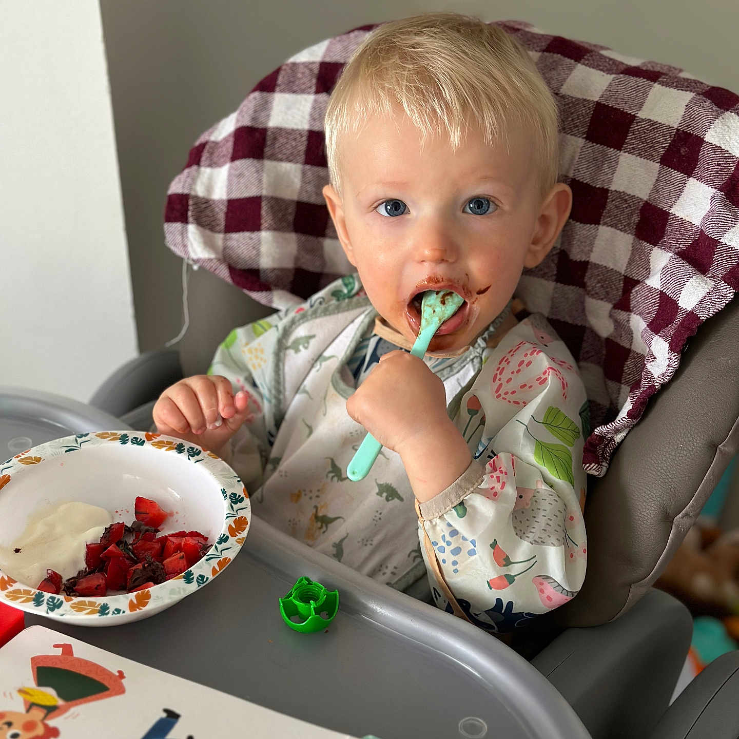 Naël participe au concours pour gagner de l'argent avec cette photo : baby, bib, blond_hair, blue_eyes, book, checkered_cloth, child, cream, cute, eating, feeding, food, high_chair, indoor, messy_face, person, plate, spoon, strawberries, toddler