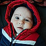 adorable, baby, bed, blanket, cheeks, child, close_up, cozy, eyelashes, eyes, face, hooded_jacket, infant, jacket, mouth, navy, nose, portrait, red, zipper