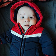 Julian participe au concours pour gagner de l'argent avec cette photo : baby, bedding, big_eyes, blanket, cheeks, child, curious_expression, cute, eyelashes, face, hooded_jacket, infant, lying_down, mouth_open, navy_jacket, padded_jacket, portrait, red_hood, winter_clothing, zipper