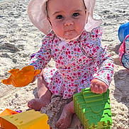 Natalie joined the competition — help win amazing prizes! baby, child, beach, sand, toy, sun_hat, floral_clothing, sitting, play, outdoor, summer, cute, colorful, plastic_toy, sunlight, footwear_bare, infant, portrait, person, holiday