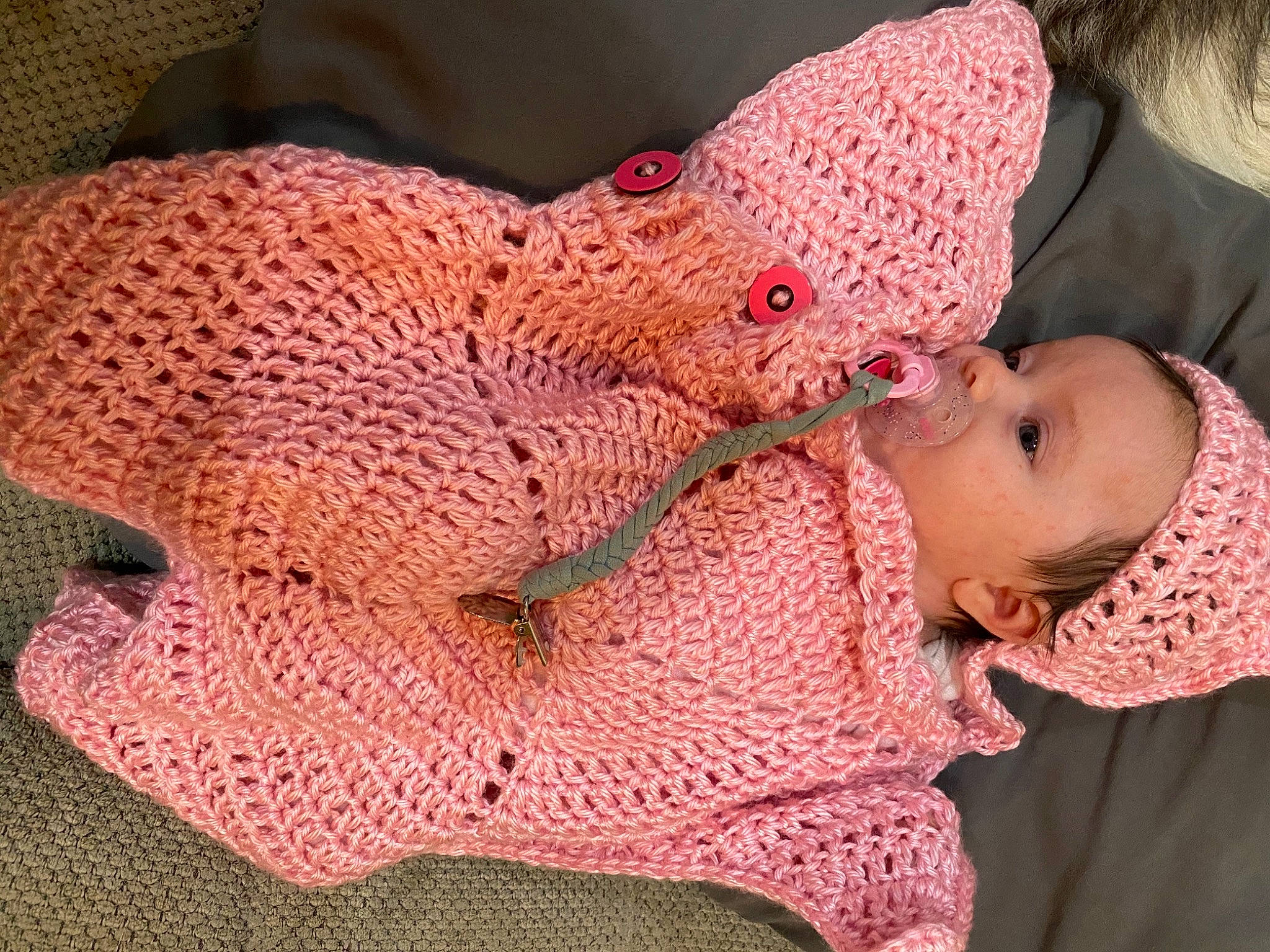 Alaya joined the competition — help win amazing prizes! art, baby, child, craft, crochet, ear, knitting, linens, needlework, outerwear, pattern, person, pink, textile, thread, toddler, wool, woolen
