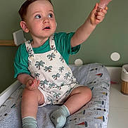 Lou participe au concours pour gagner de l'argent avec cette photo : toddler, child, baby, overalls, socks, bottle, changing_pad, indoor, green_wall, polka_dots, curious, sitting, cute, clothing, hand, face, expression, furniture, room, person