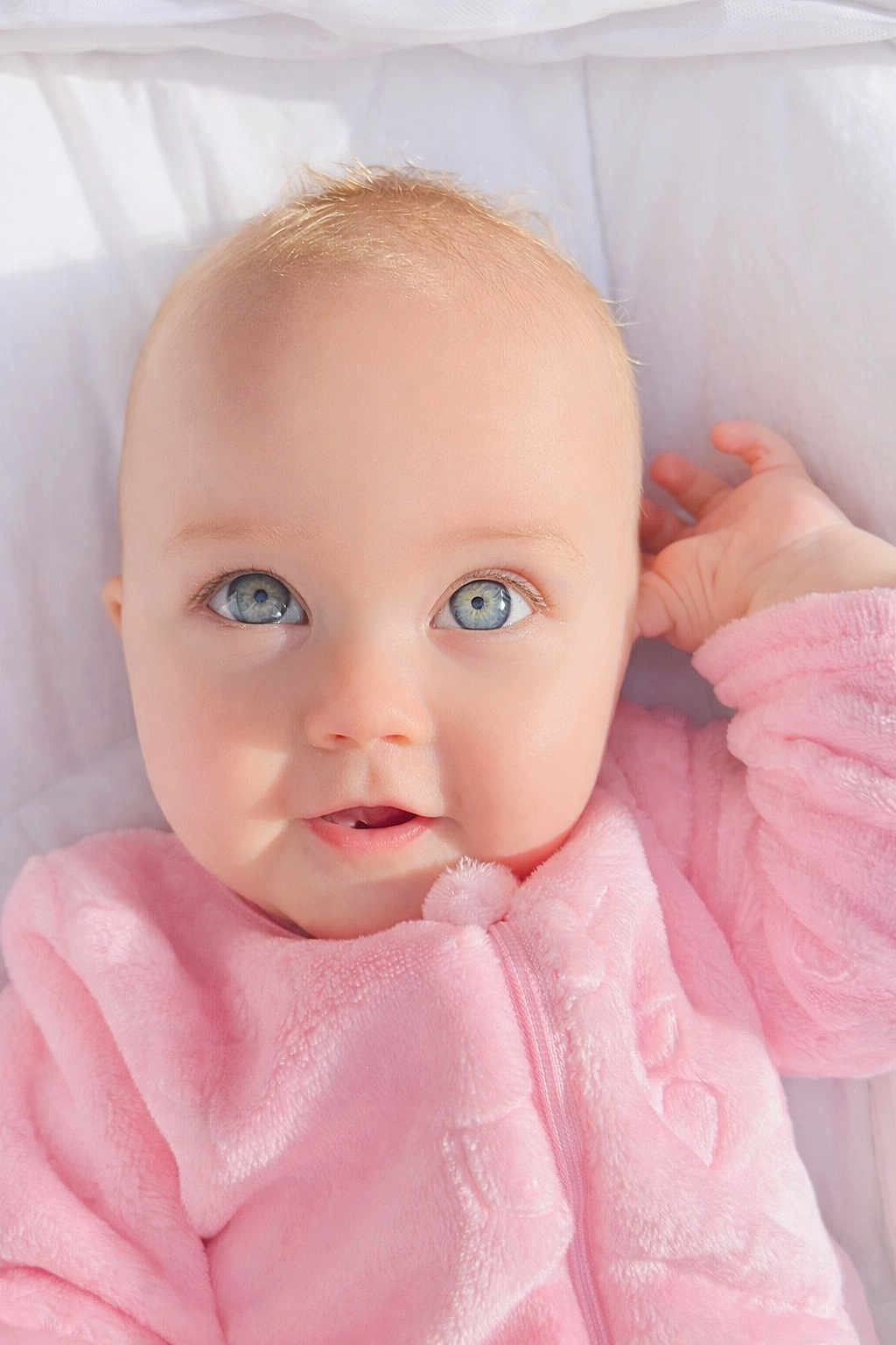 Everly is registered to the contest to win money with this photo: baby, infant, child, blue_eyes, blonde_hair, pink_clothing, fuzzy_outfit, close_up, face, portrait, cute, soft_lighting, blanket, laying_down, hand, curious_expression, skin, young, adorable, indoor