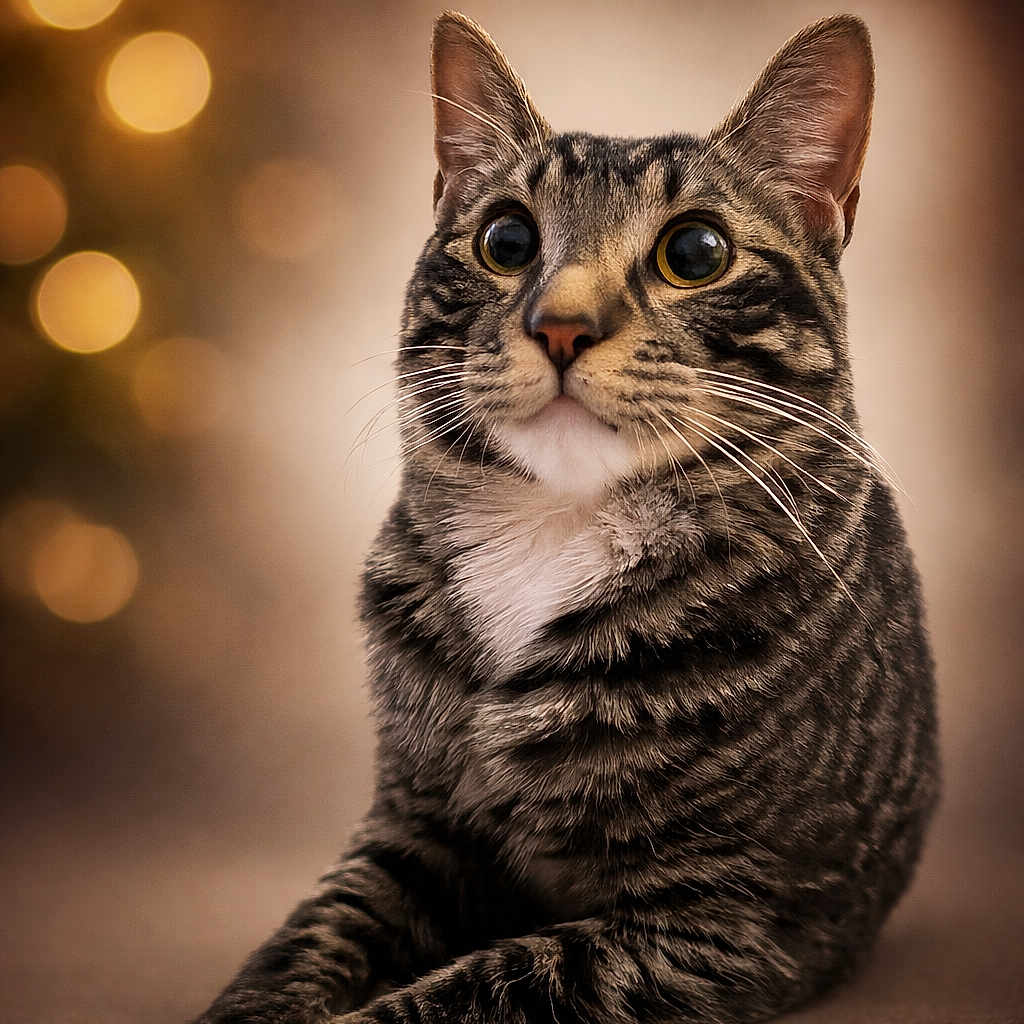 Lugosi is registered to the contest to win money with this photo: cat, tabby_cat, animal, pet, feline, whiskers, paws, ears, fur, portrait, close_up, indoor, bokeh, soft_light, brown, white_paws, relaxed, alert, cute, mammal